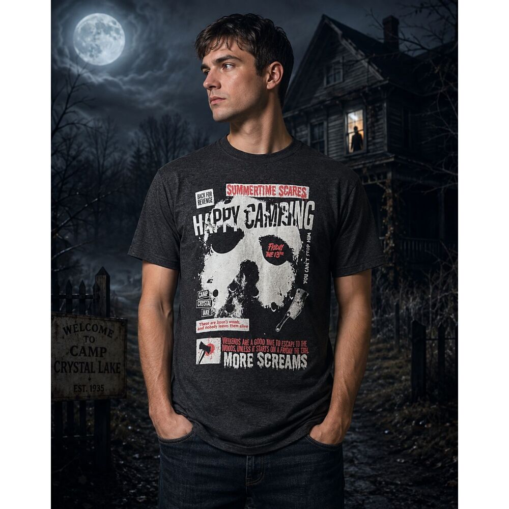 NWT Friday the 13th Jason Voorhees Happy Camping Men's L Gray Graphic T-Shirt #8